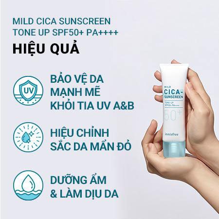 Kem chống nắng Innisfree Mild Cica Sunscreen SPF 50+ PA++++ nâng tone 50ml
