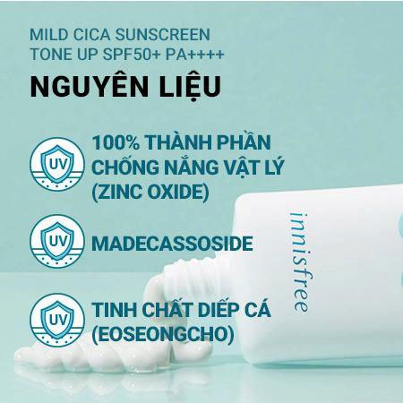 Kem chống nắng Innisfree Mild Cica Sunscreen SPF 50+ PA++++ nâng tone 50ml